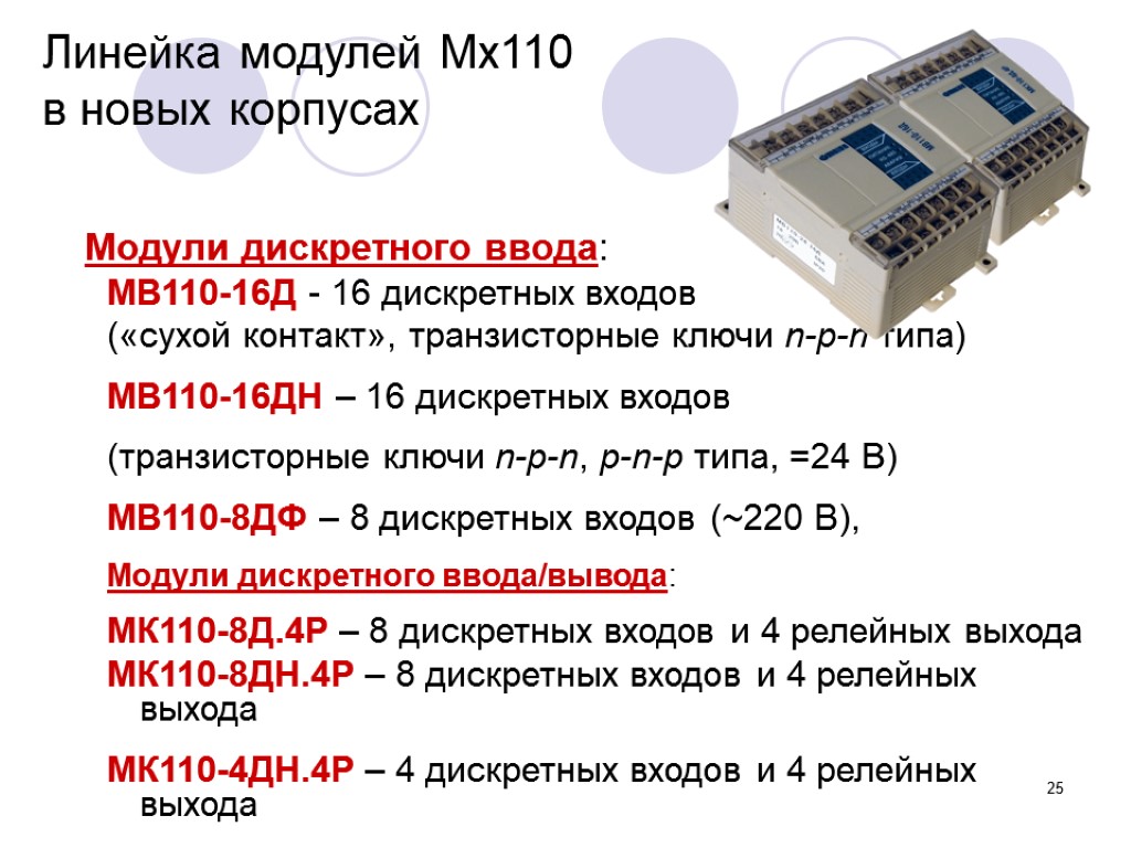 25 Линейка модулей Мх110 в новых корпусах Модули дискретного ввода: МВ110-16Д - 16 дискретных